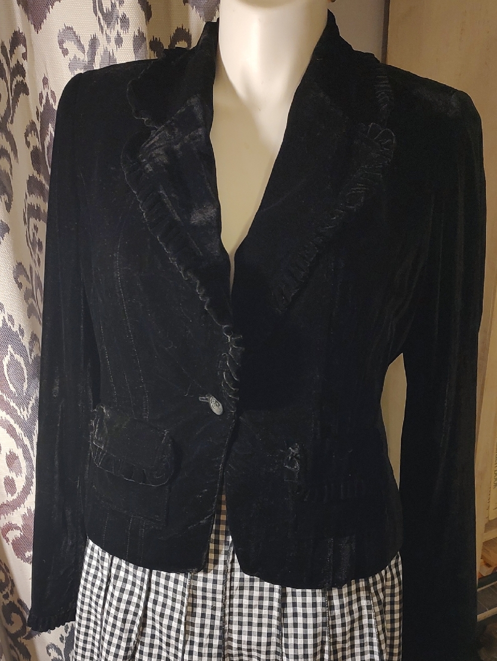 INC International Concepts Black Velvet Blazer with Ruffle Lapel